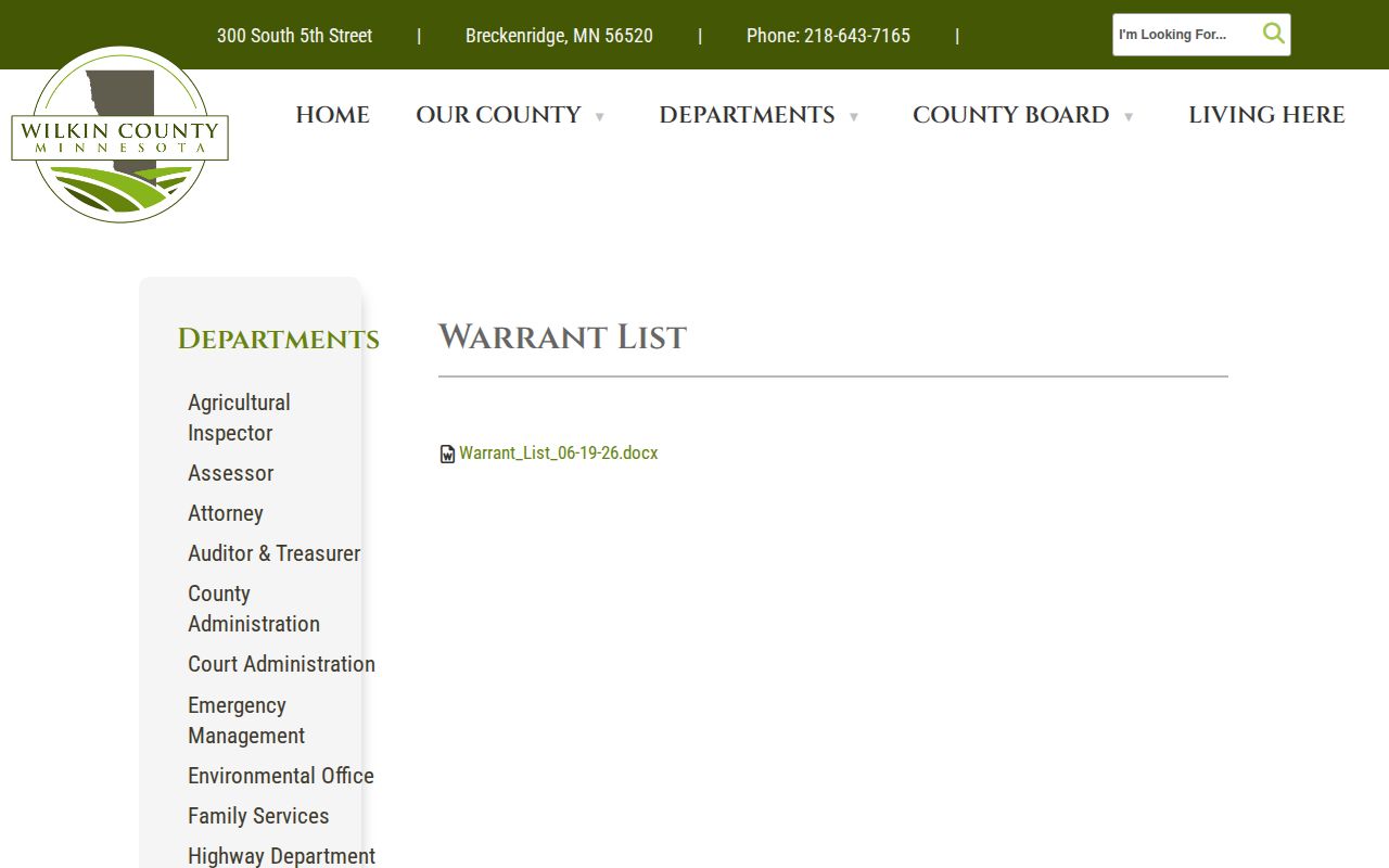 Dated Wilkin County warrant list used with post-release supervision records