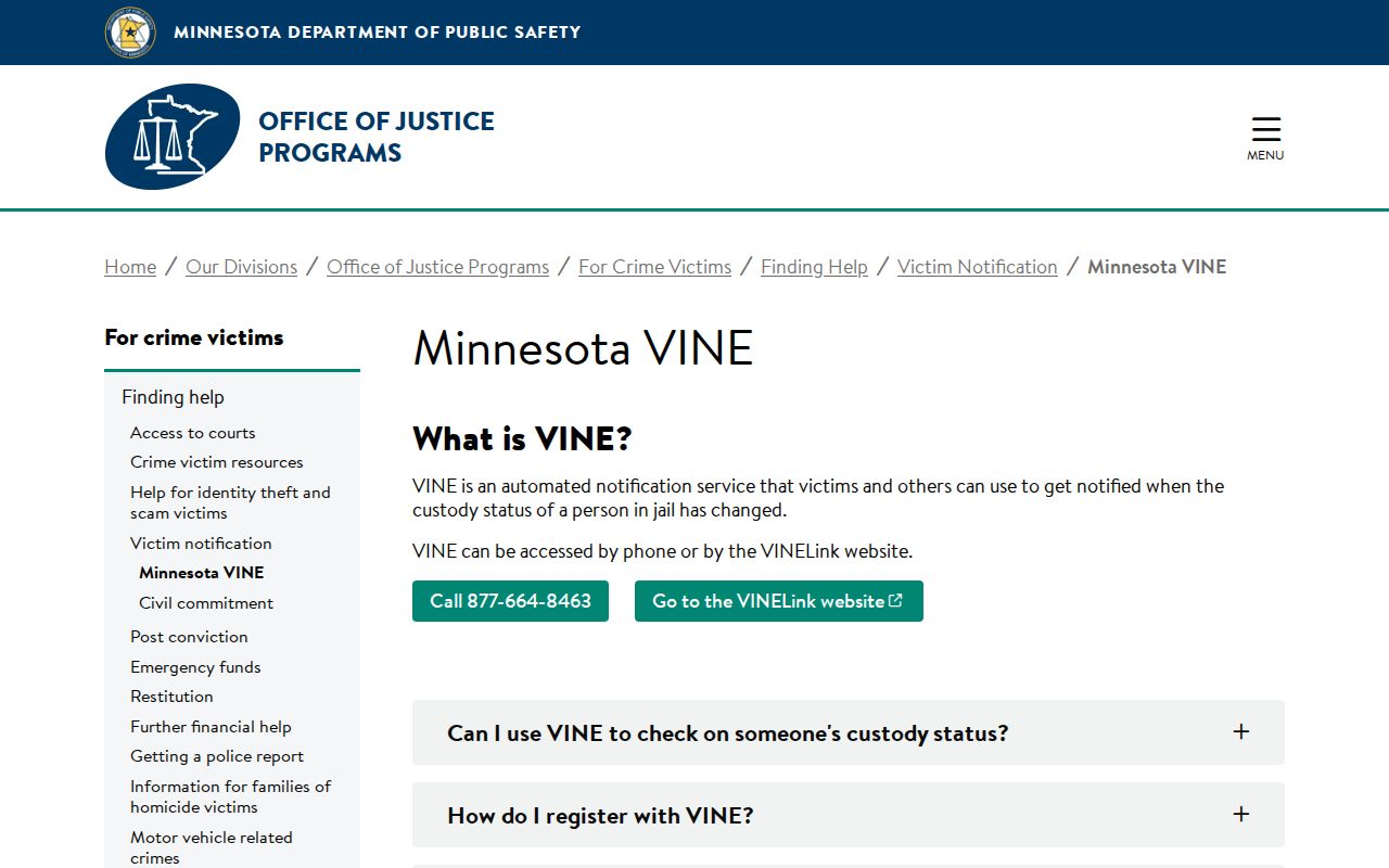 Official Minnesota VINE county-jail coverage for a Wilkin County inmate check