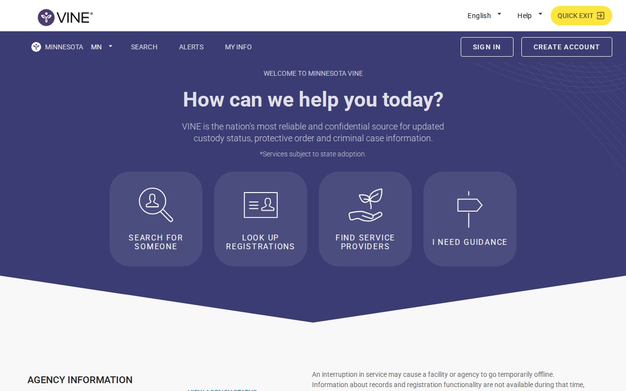 Minnesota VINELink person search used for a Wilkin County inmate release check